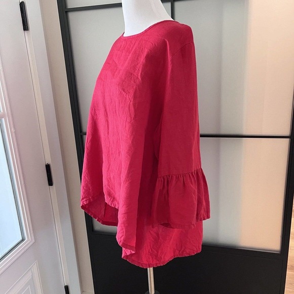 bryn Walker L Red 100% Linen Top Blouse Bell Sleeve Woven Lagenlook Minimalist - Picture 5 of 9
